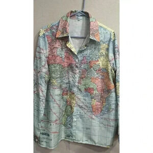VINTAGE 70's World Map printed Women's dress shirt Novelty in size XL
